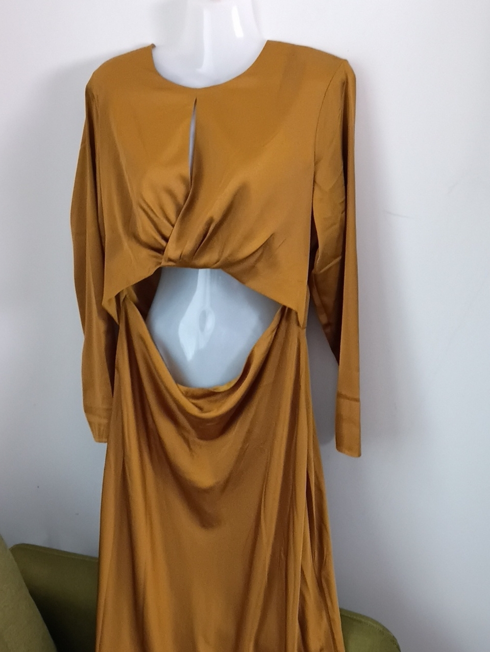 Express Mustard Long Sleeve Cutout Satin Dress